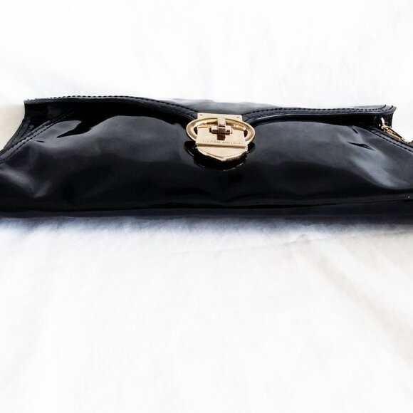 Karen Millen Black Patent Leather Clutch Bag-Leopard Print Interior & Hand Strap - Picture 9 of 14